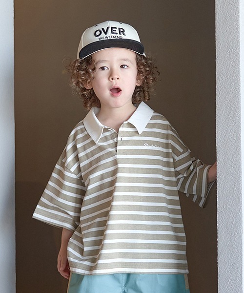 b・ROOM（ビールーム）の「【型崩れしないやわらかコットン】ビッグシルエットプリントボーダーラガーシャツ（Tシャツ/カットソー・キッズ・モスグリーン/ベージュ/パープル/マスタード/ブラック・150cm/140cm/130cm/120cm/110cm/100cm）」の2枚目の写真