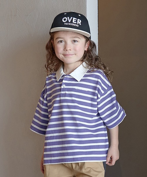 b・ROOM（ビールーム）の「【型崩れしないやわらかコットン】ビッグシルエットプリントボーダーラガーシャツ（Tシャツ/カットソー・キッズ・モスグリーン/ベージュ/パープル/マスタード/ブラック・150cm/140cm/130cm/120cm/110cm/100cm）」の4枚目の写真