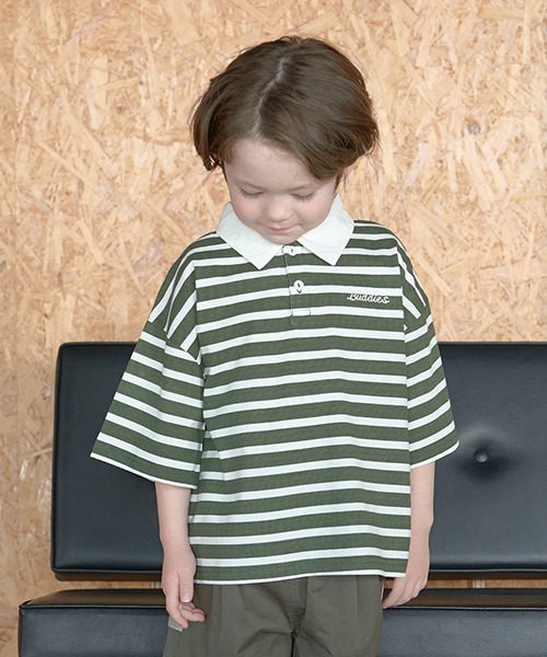 b・ROOM（ビールーム）の「【型崩れしないやわらかコットン】ビッグシルエットプリントボーダーラガーシャツ（Tシャツ/カットソー・キッズ・モスグリーン/ベージュ/パープル/マスタード/ブラック・150cm/140cm/130cm/120cm/110cm/100cm）」の3枚目の写真