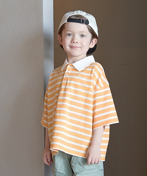 b・ROOM（ビールーム）の「【型崩れしないやわらかコットン】ビッグシルエットプリントボーダーラガーシャツ（Tシャツ/カットソー・キッズ・モスグリーン/ベージュ/パープル/マスタード/ブラック・150cm/140cm/130cm/120cm/110cm/100cm）」の5枚目の写真