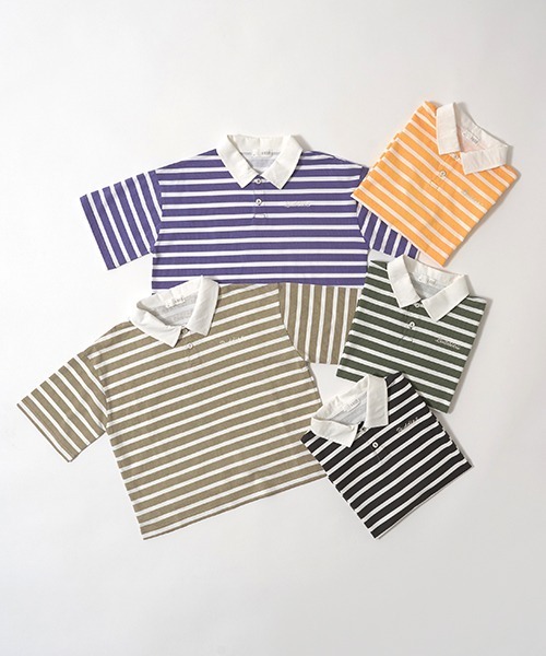 b・ROOM（ビールーム）の「【型崩れしないやわらかコットン】ビッグシルエットプリントボーダーラガーシャツ（Tシャツ/カットソー・キッズ・モスグリーン/ベージュ/パープル/マスタード/ブラック・150cm/140cm/130cm/120cm/110cm/100cm）」の11枚目の写真