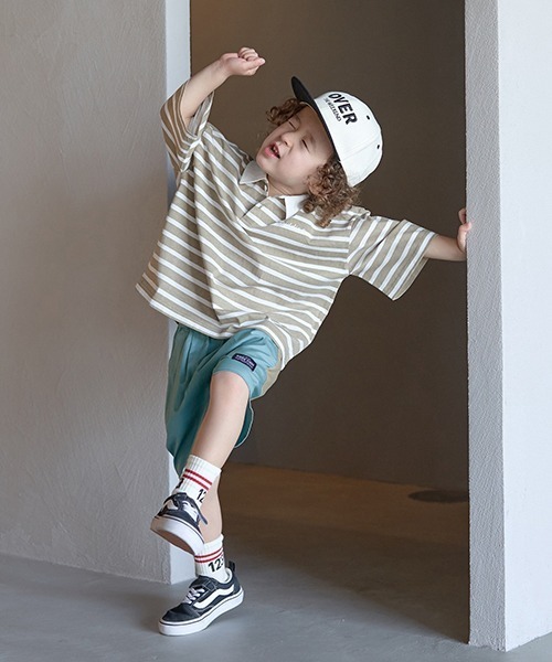 b・ROOM（ビールーム）の「【型崩れしないやわらかコットン】ビッグシルエットプリントボーダーラガーシャツ（Tシャツ/カットソー・キッズ・モスグリーン/ベージュ/パープル/マスタード/ブラック・150cm/140cm/130cm/120cm/110cm/100cm）」の14枚目の写真