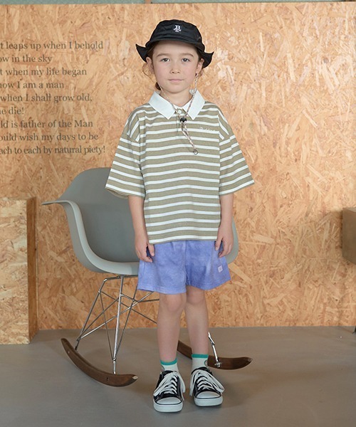 b・ROOM（ビールーム）の「【型崩れしないやわらかコットン】ビッグシルエットプリントボーダーラガーシャツ（Tシャツ/カットソー・キッズ・モスグリーン/ベージュ/パープル/マスタード/ブラック・150cm/140cm/130cm/120cm/110cm/100cm）」の16枚目の写真