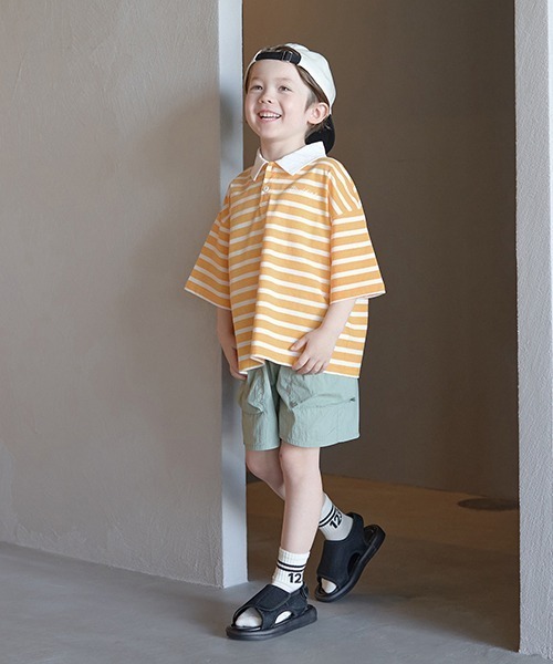 b・ROOM（ビールーム）の「【型崩れしないやわらかコットン】ビッグシルエットプリントボーダーラガーシャツ（Tシャツ/カットソー・キッズ・モスグリーン/ベージュ/パープル/マスタード/ブラック・150cm/140cm/130cm/120cm/110cm/100cm）」の18枚目の写真