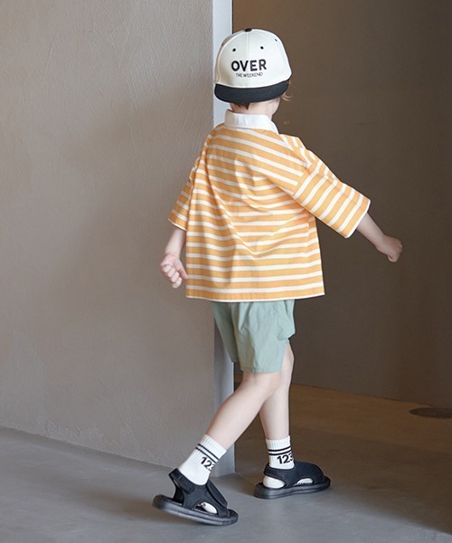 b・ROOM（ビールーム）の「【型崩れしないやわらかコットン】ビッグシルエットプリントボーダーラガーシャツ（Tシャツ/カットソー・キッズ・モスグリーン/ベージュ/パープル/マスタード/ブラック・150cm/140cm/130cm/120cm/110cm/100cm）」の19枚目の写真