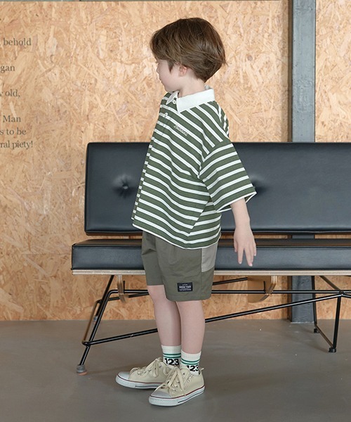 b・ROOM（ビールーム）の「【型崩れしないやわらかコットン】ビッグシルエットプリントボーダーラガーシャツ（Tシャツ/カットソー・キッズ・モスグリーン/ベージュ/パープル/マスタード/ブラック・150cm/140cm/130cm/120cm/110cm/100cm）」の8枚目の写真