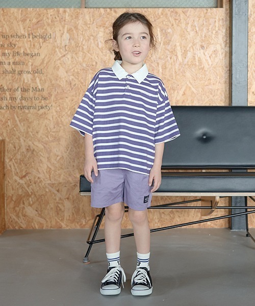 b・ROOM（ビールーム）の「【型崩れしないやわらかコットン】ビッグシルエットプリントボーダーラガーシャツ（Tシャツ/カットソー・キッズ・モスグリーン/ベージュ/パープル/マスタード/ブラック・150cm/140cm/130cm/120cm/110cm/100cm）」の9枚目の写真