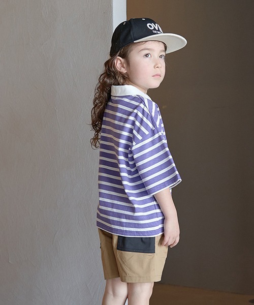 b・ROOM（ビールーム）の「【型崩れしないやわらかコットン】ビッグシルエットプリントボーダーラガーシャツ（Tシャツ/カットソー・キッズ・モスグリーン/ベージュ/パープル/マスタード/ブラック・150cm/140cm/130cm/120cm/110cm/100cm）」の10枚目の写真