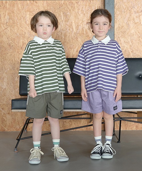 b・ROOM（ビールーム）の「【型崩れしないやわらかコットン】ビッグシルエットプリントボーダーラガーシャツ（Tシャツ/カットソー・キッズ・モスグリーン/ベージュ/パープル/マスタード/ブラック・150cm/140cm/130cm/120cm/110cm/100cm）」の20枚目の写真