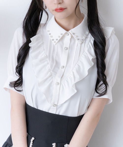 極美品♡エムプルミエ　クチュール　フリルネック 半袖ニット ホワイト 極美品♡エムプルミエ クチュール フリルネック 半袖ニット