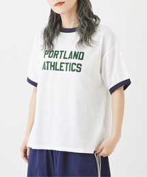 CUBE SUGAR（キューブシュガー）の「片染天竺フロッキープリントリンガーTシャツ（Tシャツ/カットソー）」