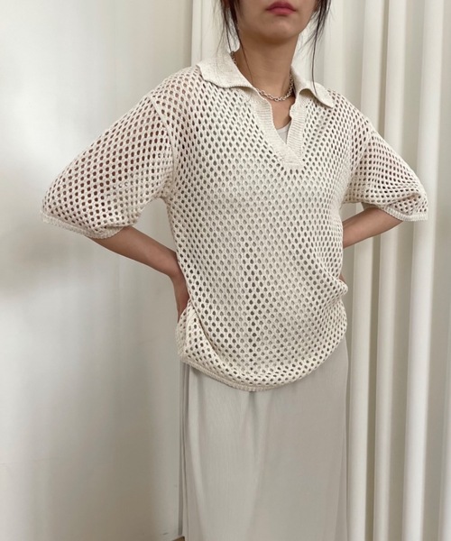 Didot.showroom（ディドット ショールーム）の「【DIDOT.】メッシュニットハーフポロ（ポロシャツ・レディース・ブラック/オートミール/モカ・FREE）」の3枚目の写真