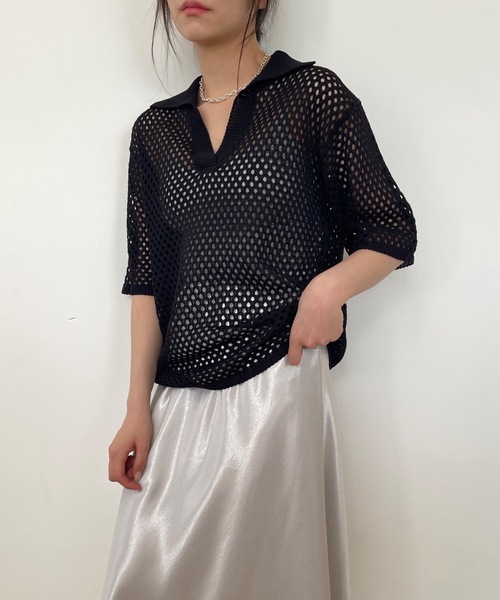 Didot.showroom（ディドット ショールーム）の「【DIDOT.】メッシュニットハーフポロ（ポロシャツ・レディース・ブラック/オートミール/モカ・FREE）」の5枚目の写真