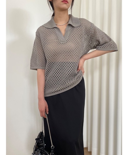 Didot.showroom（ディドット ショールーム）の「【DIDOT.】メッシュニットハーフポロ（ポロシャツ・レディース・ブラック/オートミール/モカ・FREE）」の8枚目の写真