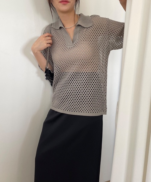 Didot.showroom（ディドット ショールーム）の「【DIDOT.】メッシュニットハーフポロ（ポロシャツ・レディース・ブラック/オートミール/モカ・FREE）」の9枚目の写真