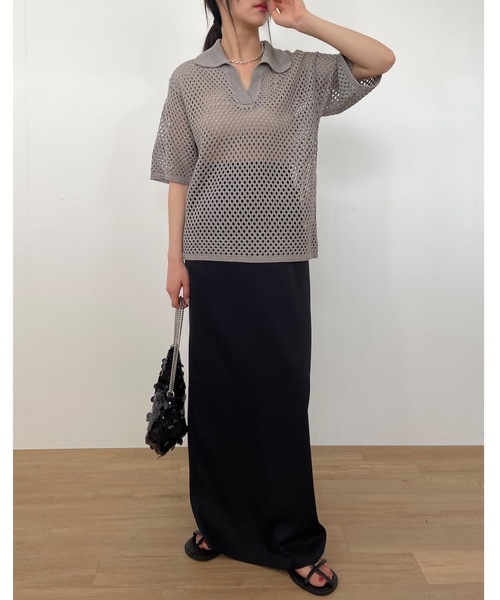 Didot.showroom（ディドット ショールーム）の「【DIDOT.】メッシュニットハーフポロ（ポロシャツ・レディース・ブラック/オートミール/モカ・FREE）」の6枚目の写真