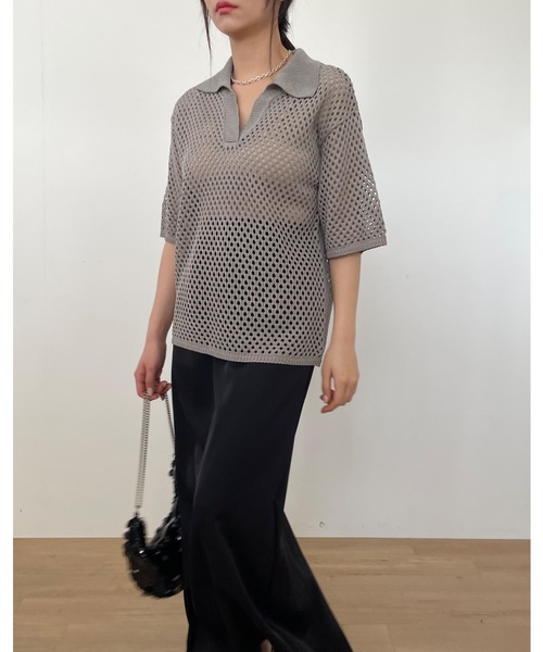 Didot.showroom（ディドット ショールーム）の「【DIDOT.】メッシュニットハーフポロ（ポロシャツ・レディース・ブラック/オートミール/モカ・FREE）」の7枚目の写真