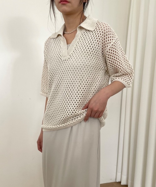 Didot.showroom（ディドット ショールーム）の「【DIDOT.】メッシュニットハーフポロ（ポロシャツ・レディース・ブラック/オートミール/モカ・FREE）」の15枚目の写真