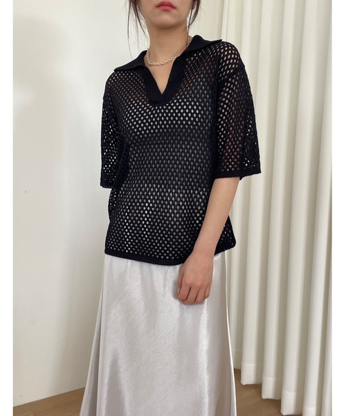 Didot.showroom（ディドット ショールーム）の「【DIDOT.】メッシュニットハーフポロ（ポロシャツ・レディース・ブラック/オートミール/モカ・FREE）」の4枚目の写真