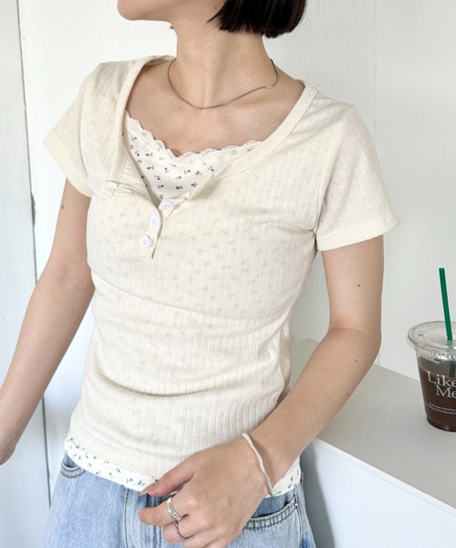 CLEA(クレア)の「フラワー柄レイヤードコンパクト半袖トップス(Tシャツ/カットソー・レディース・アイボリー・M)」の14枚目の写真