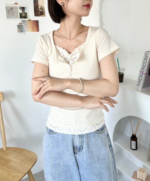 D28 used 総レース フラワー コンパクト 半袖 Tee トップス D28 used 総レース フラワー コンパクト 半袖 Tee トップス D28 used