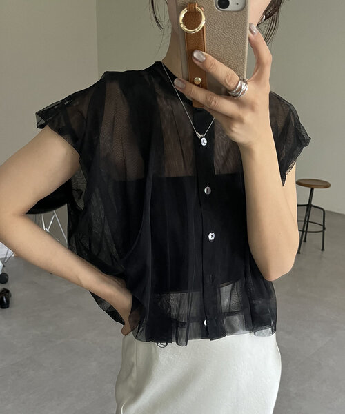 CAPRICIEUX LE'MAGE（カプリシューレマージュ）の「チュールバルーンシャツ（シャツ/ブラウス・レディース・ブラック/オフホワイト・FREE）」の10枚目の写真