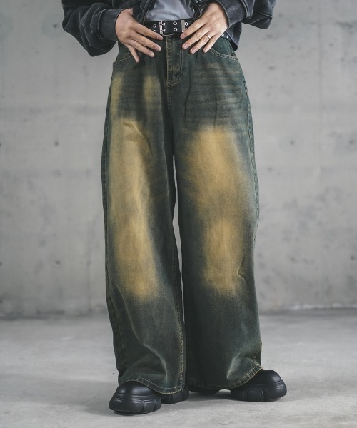 リメイク デニムパンツ ワイド 袴 アディダス 黒 W28 フェード ブリーチ セール】ビンテージメイクワイドフレアデニムパンツ（デニム
