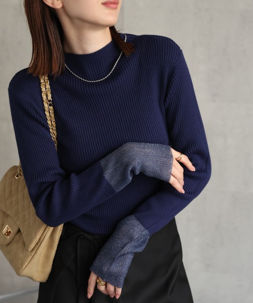 セール】ラメ/シアー 袖口切り替え ボトルネックニットトップス