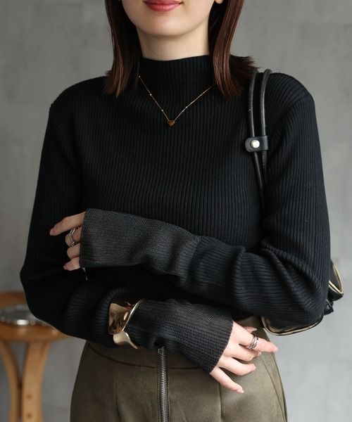 セール】ラメ/シアー 袖口切り替え ボトルネックニットトップス