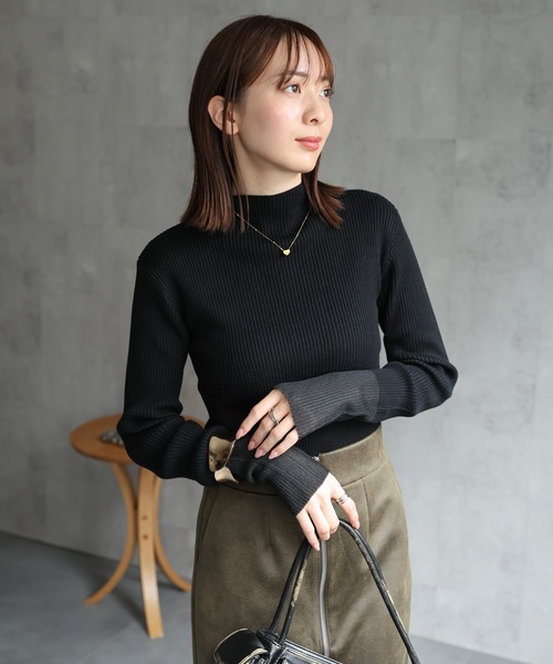 セール】ラメ/シアー 袖口切り替え ボトルネックニットトップス