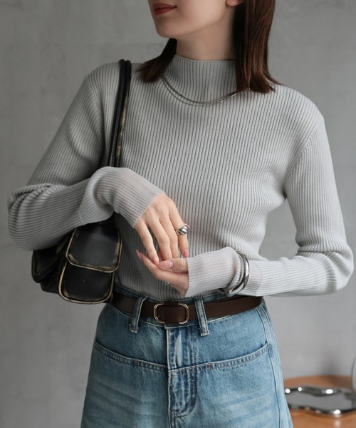 セール】ラメ/シアー 袖口切り替え ボトルネックニットトップス