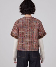 美品 マカフィー ツイードジャケット ブルー サイズ38*XC1756 セール】 マルチツイード ラウンドカラージャケット （ノー