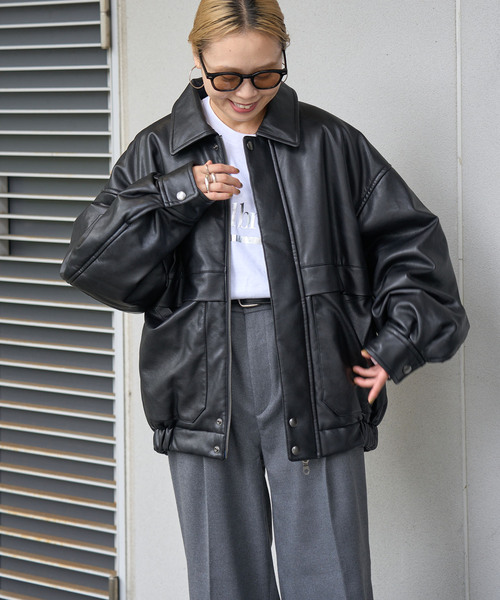 OUTDOOR PRODUCTS（アウトドアプロダクツ）の「フェイクレザーブルゾン（ライダースジャケット・レディース・ブラック・FREE）」の2枚目の写真