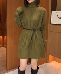 ベルト付 タートルネックニットミニワンピース