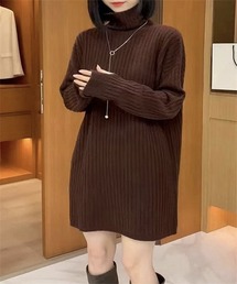 ニットワンピース レディース 長袖 膝丈 フレア タートルネック