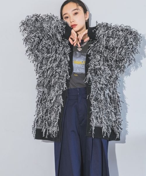 JEANASIS（ジーナシス）の「フリンジジャガードライトオーバーカーディガン/152516（カーディガン/ボレロ・レディース・ブラック/グレー系その他・FREE）」の13枚目の写真