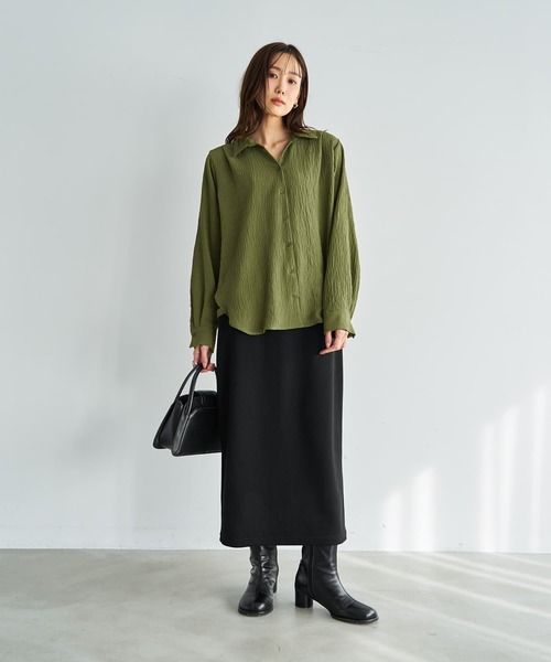 STYLE DELI(スタイルデリ)の「シボ入りガーゼ調V開きシャツ(シャツ/ブラウス・レディース・カーキ/ホワイト系その他・FREE)」の3枚目の写真