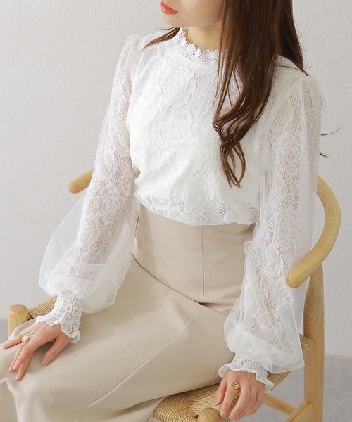 Lace Ladies(レースレディース)の「キャンディスリーブ ラウンドネック 総レース 長袖 ブラウス(シャツ/ブラウス・レディース・アイボリー/ピンク/ホワイト/ブラック・FREE/S)」の1枚目の写真