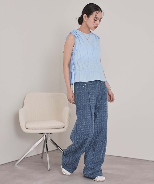 miette(ミエット)の「シャーリングリボンノースリーブトップス(Tシャツ/カットソー・レディース・ブルー/ブラック/オフホワイト・FREE)」の21枚目の写真