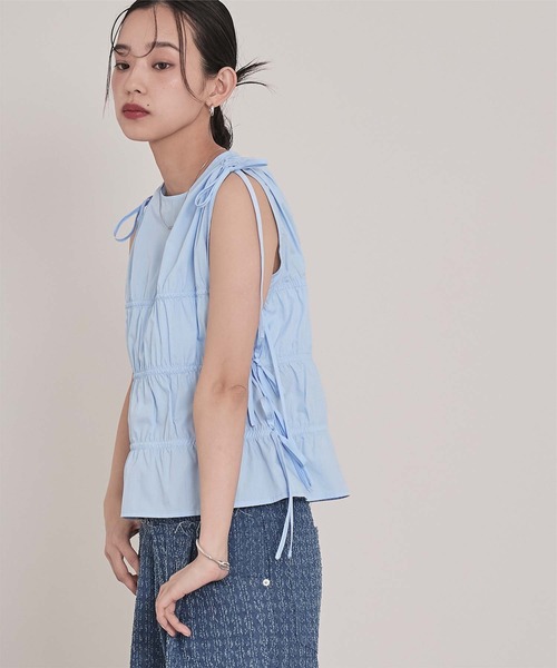 miette(ミエット)の「シャーリングリボンノースリーブトップス(Tシャツ/カットソー・レディース・ブルー/ブラック/オフホワイト・FREE)」の12枚目の写真
