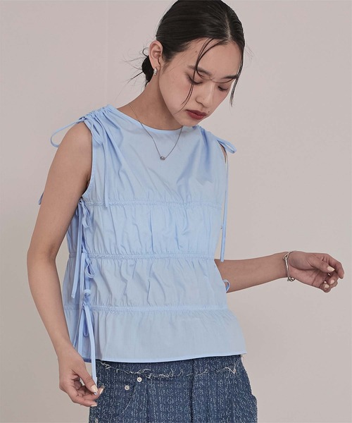 miette(ミエット)の「シャーリングリボンノースリーブトップス(Tシャツ/カットソー・レディース・ブルー/ブラック/オフホワイト・FREE)」の13枚目の写真