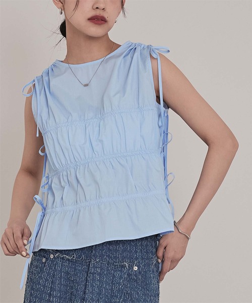 miette(ミエット)の「シャーリングリボンノースリーブトップス(Tシャツ/カットソー・レディース・ブルー/ブラック/オフホワイト・FREE)」の15枚目の写真