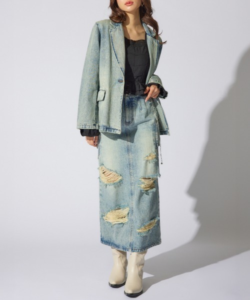 rienda(リエンダ)の「サイドオープンレイヤードデニムスカート 春服 夏服(デニムスカート・レディース・ライトブルー/ブルー・X-SMALL/MEDIUM/SMALL)」の1枚目の写真