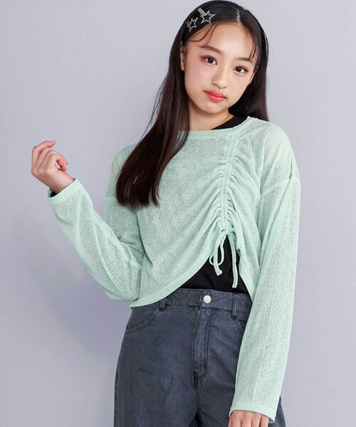 ZIDDY（ジディ）の「【 ニコ☆プチ 掲載 】肩あきTシャツ＆シャーリングトップセット(130~160cm)（セットアップ・キッズ・ホワイト/グリーン・FREE/130cm/140cm/150cm）」の5枚目の写真