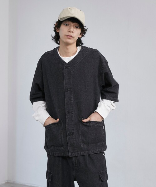 coen（コーエン）の「【C.DENIMS】デニムノーカラーシャツ（シャツ/ブラウス・メンズ・ダークグレー/コバルトブルー・L/M）」の3枚目の写真