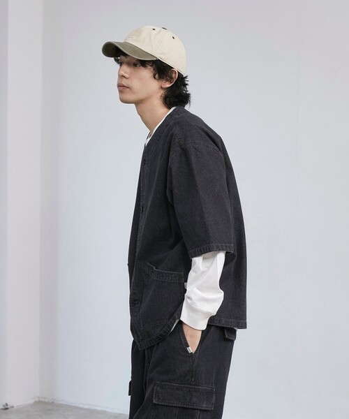 coen（コーエン）の「【C.DENIMS】デニムノーカラーシャツ（シャツ/ブラウス・メンズ・ダークグレー/コバルトブルー・L/M）」の5枚目の写真