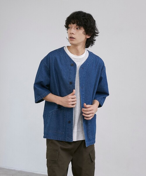 coen（コーエン）の「【C.DENIMS】デニムノーカラーシャツ（シャツ/ブラウス・メンズ・ダークグレー/コバルトブルー・L/M）」の9枚目の写真