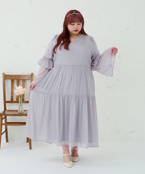 セール】【大きいサイズ】Vネックティアードワンピース