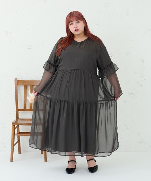 Louiosy(ルオシー)の「【大きいサイズ】Vネックティアードワンピース(ワンピース・レディース・ライトピンク/チャコールグレー/グレー系その他・4L/3L)」の7枚目の写真