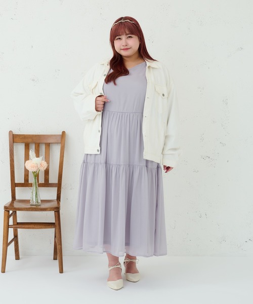 セール】【大きいサイズ】Vネックティアードワンピース